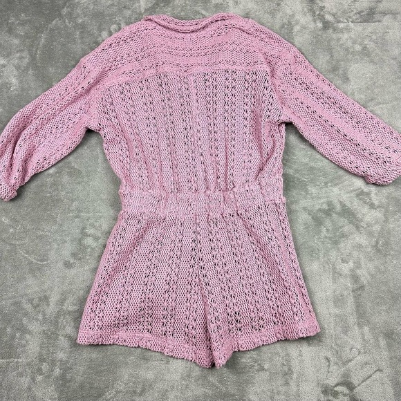 Free People Beach Pink Knit Collared Button Front Romper XS/TP Crochet Lace - Picture 3 of 11